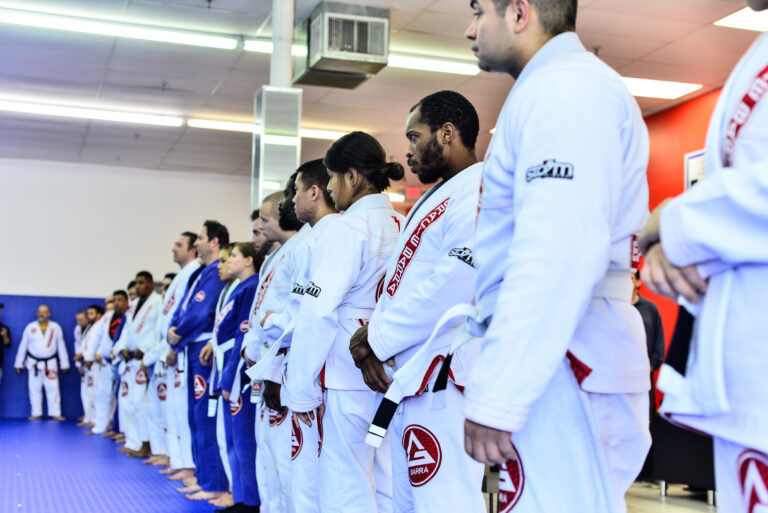 Gracie Barra Princeton adult Jiu-Jitsu students lined up on the mat